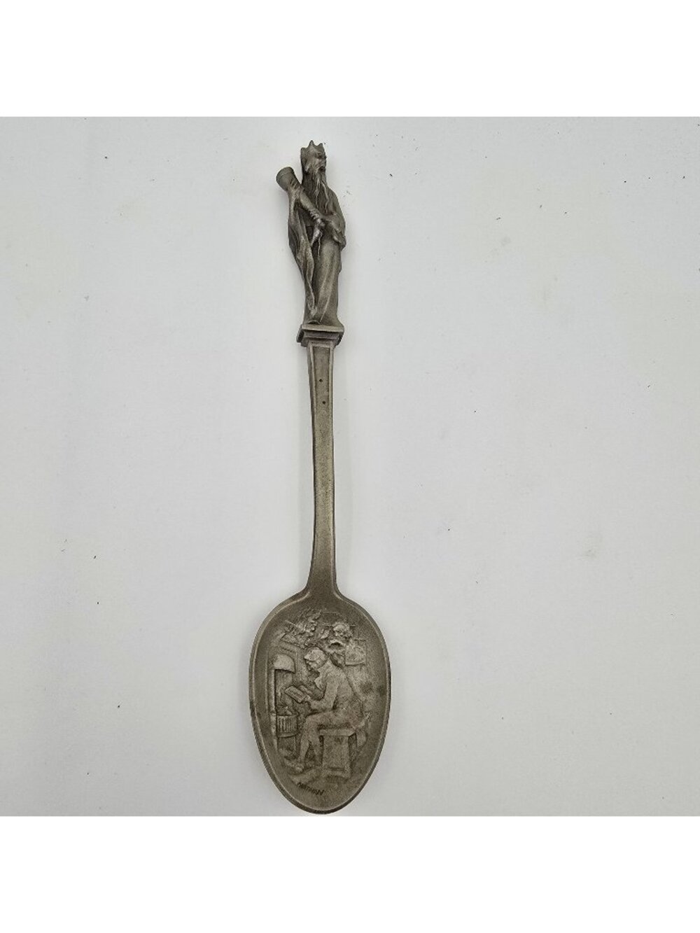 Antique Pewter Spoon Medieval Theme Relief Design Historic Motif Marked Nathan